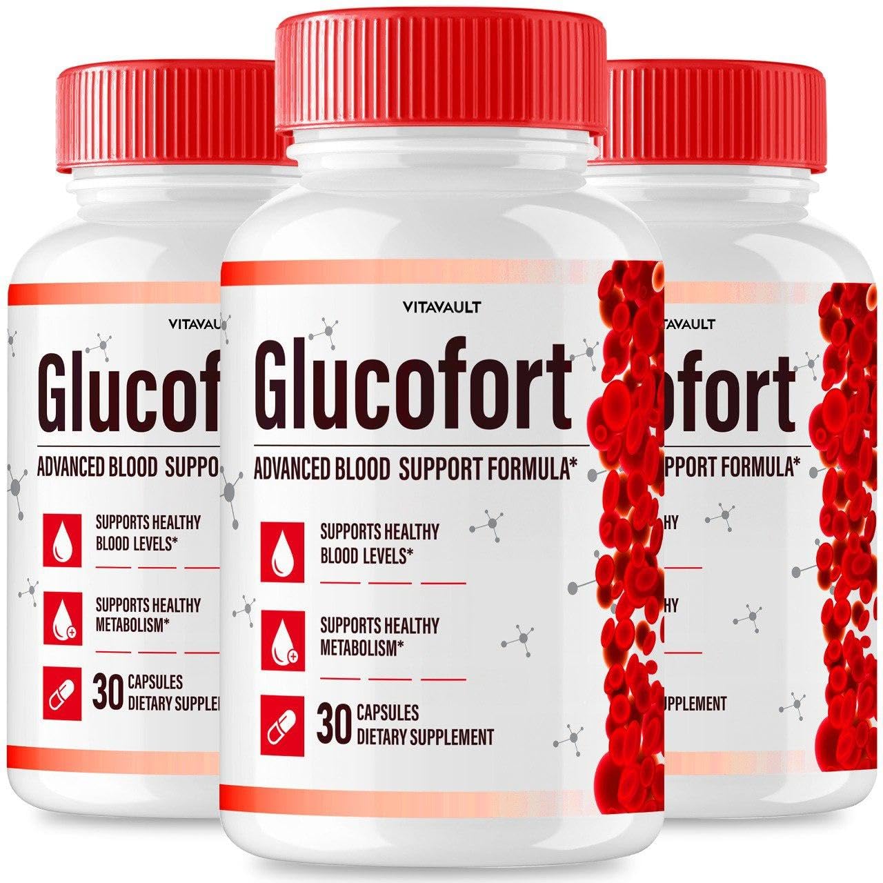 Three bottles of Glucofort supplement with red and white labels on a white background