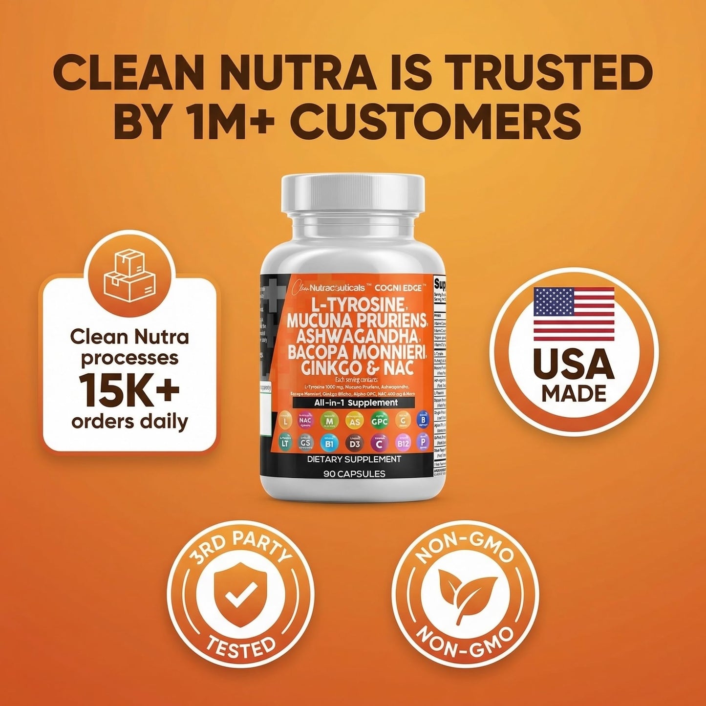 Clean Nutraceuticals L Tyrosine Mucuna Pruriens Bacopa Monnieri Ashwagandha Focus Supplement w/N-Acetyl Cysteine NAC 5-HTP Ginkgo Biloba Alpha GPC Vitamin C D B1 B12 Clean NutraceuticalsBuy Supplements Australia
