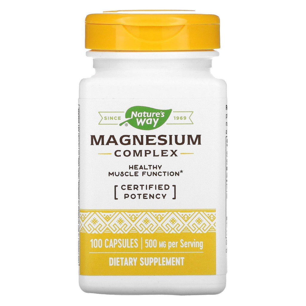 Nature's Way Magnesium Complex dietary supplement bottle with yellow cap and label on a white background
