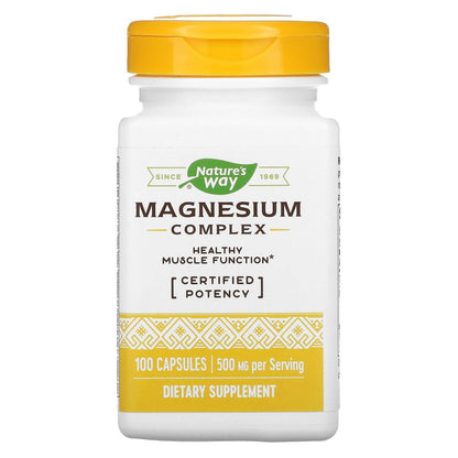 Nature's Way Magnesium Complex dietary supplement bottle with yellow cap and label on a white background