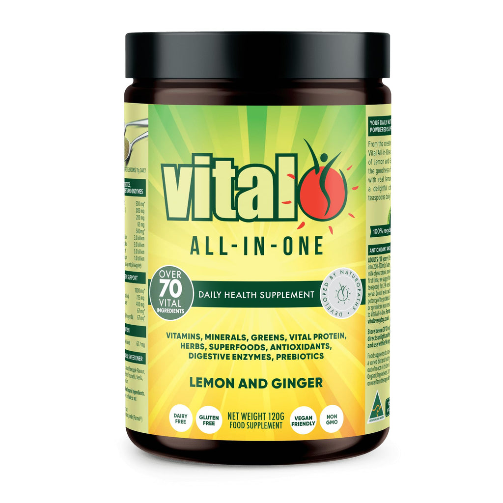 Vital All-in-One Daily Powdered Supplement - Natural Greens Superfood Powder for Energy & Health, Super Greens Powder Drink Mix with Probiotic & Antioxidant Support - Lemon & Ginger, 4.23 oz (120 g) VitalBuy Supplements Australia