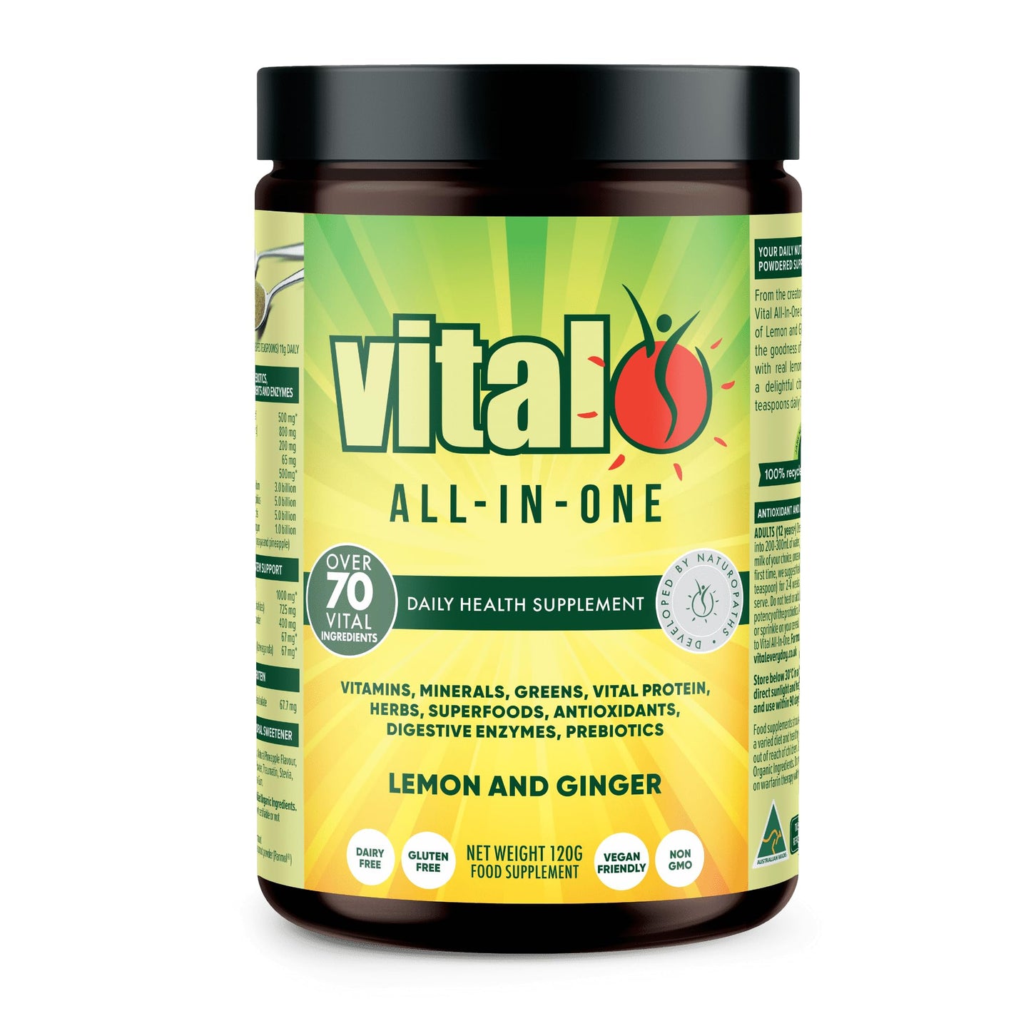 Vital All-in-One Daily Powdered Supplement - Natural Greens Superfood Powder for Energy & Health, Super Greens Powder Drink Mix with Probiotic & Antioxidant Support - Lemon & Ginger, 4.23 oz (120 g) VitalBuy Supplements Australia