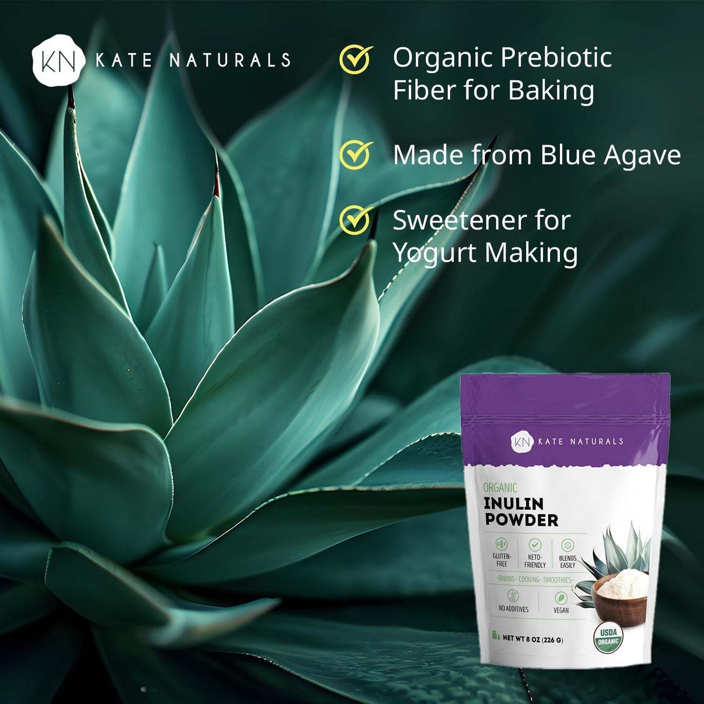 Kate Naturals Inulin Powder Organic from Blue Agave (8oz) Soluble Prebiotic Fiber for Coffee, Yogurt & Smoothies