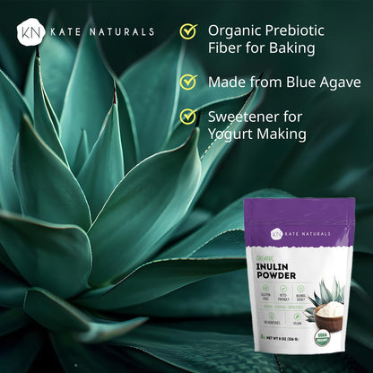 Kate Naturals Inulin Powder Organic from Blue Agave (8oz) Soluble Prebiotic Fiber for Coffee, Yogurt & Smoothies