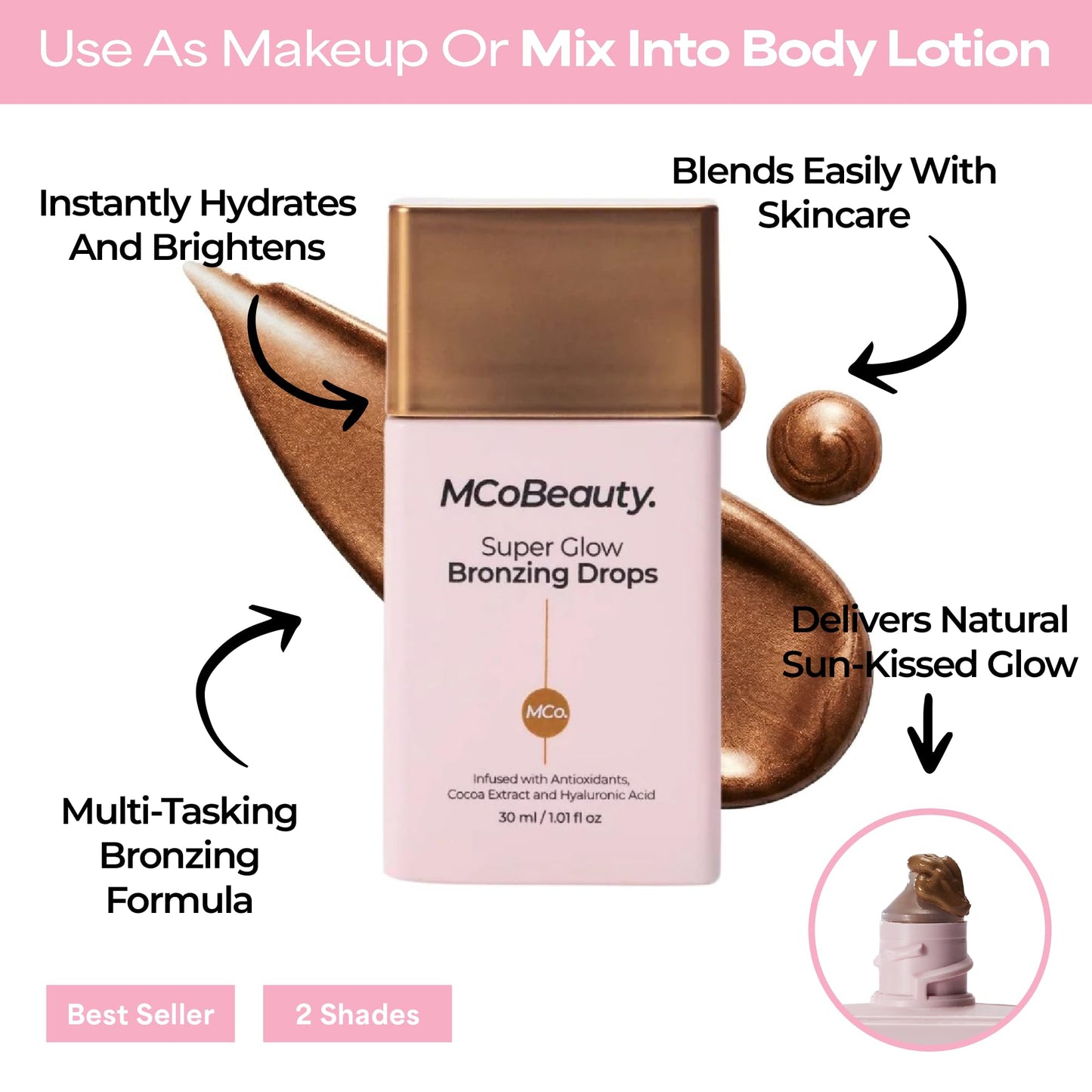MCoBeauty - Super Glow Bronzing Drops - Effortless Face Tan with Shimmer Formula - Face Care, Bronze Drops - Contains Hyaluronic Acid, White Tea Extract, Cocoa Extract and More MCoBeautyBuy Supplements Australia