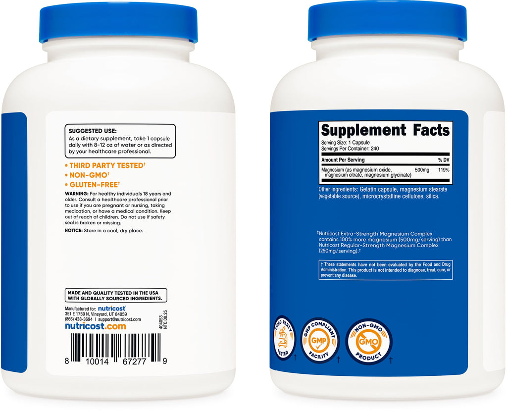 Nutricost Magnesium Complex 500mg, 240 Capsules - Magnesium Oxide, Citrate, and Glycinate - Gluten Free and Non-GMO Nutricost buy supplements Au