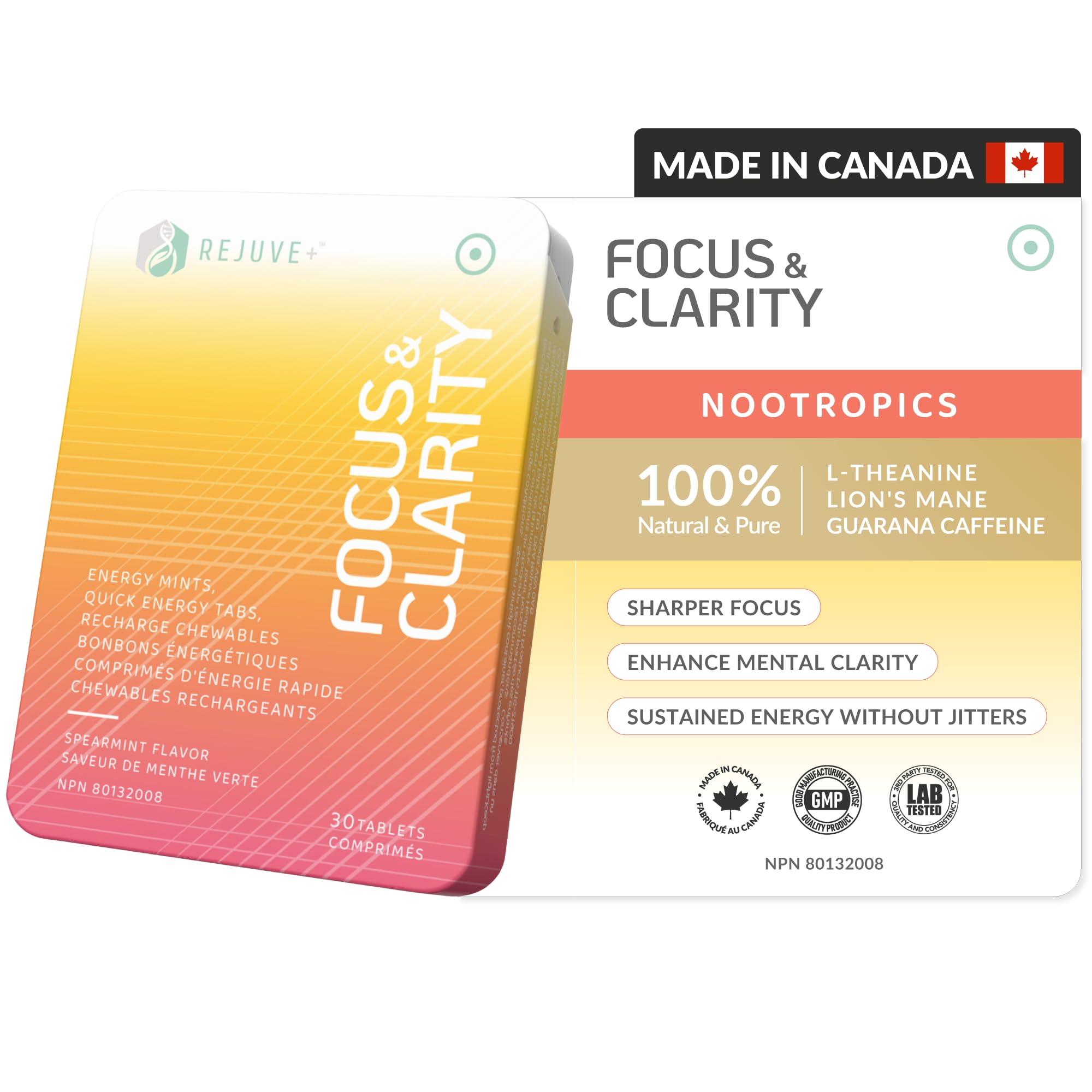 Nootropic supplement packaging with 'Focus & Clarity' text on a white background