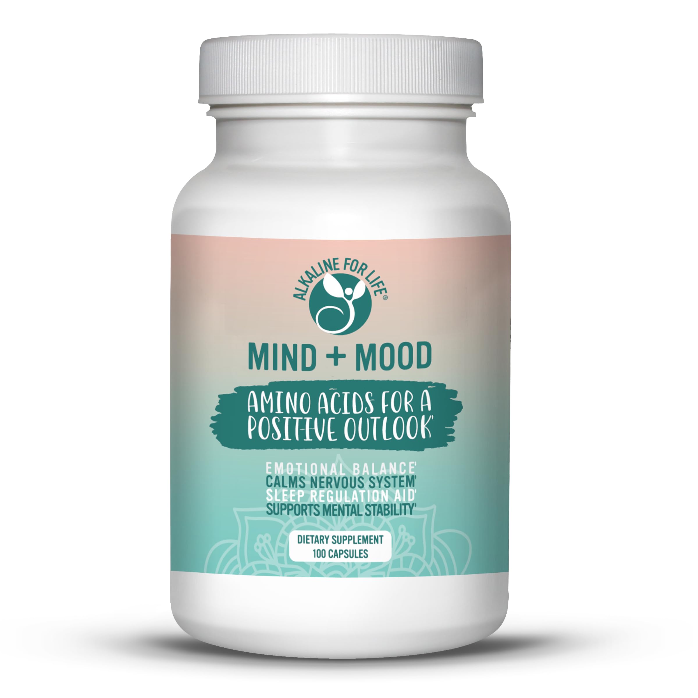Supplement bottle labeled 'Mind + Mood' on a white background