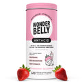 Pink and white container of Wonder Belly antacid with strawberries on a white background