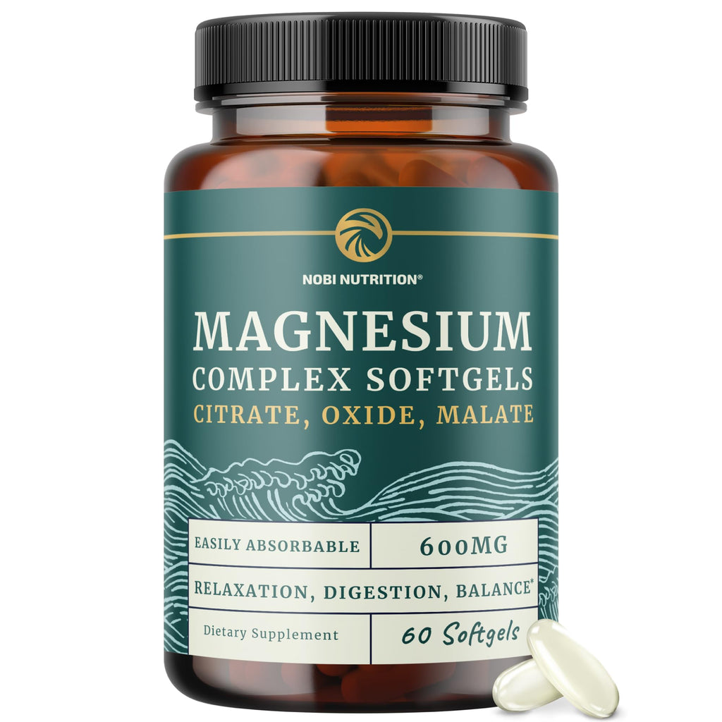 Bottle of Nobi Nutrition Magnesium Complex Softgels on a white background