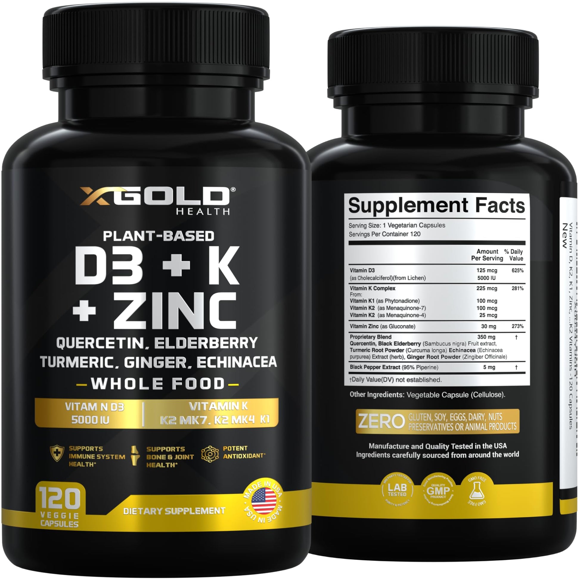 Vitamin D, K2, K1, Zinc, Quercetin, Elderberry, Turmeric, Ginger & Echinacea Whole Food Supplement 8 in 1- D3 5000 IU Plant-Based from Lichen, Vitamin K (K2 MK7, MK4, K1), D3 K2 Vitamins -120 Capsules X Gold Health buy supplements Au