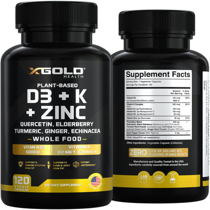 Vitamin D, K2, K1, Zinc, Quercetin, Elderberry, Turmeric, Ginger & Echinacea Whole Food Supplement 8 in 1- D3 5000 IU Plant-Based from Lichen, Vitamin K (K2 MK7, MK4, K1), D3 K2 Vitamins -120 Capsules X Gold Health buy supplements Au