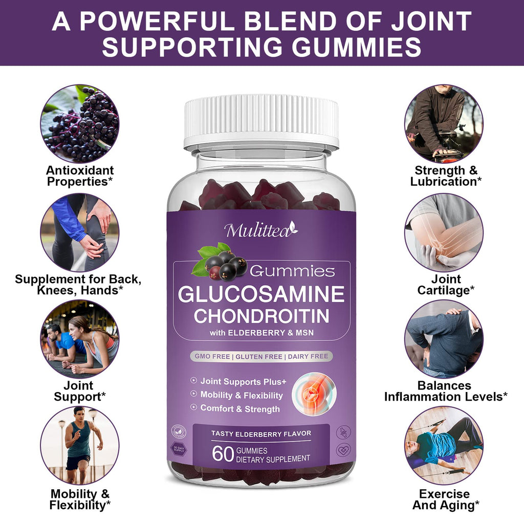 Mulittea Glucosamine Chondroitin Gummies - Extra Strength Joint Support Supplement with MSM & Elderberry for Natural Joint, Antioxidant Immune Support for Adults, Men & Women-(2 Pack) MulitteaBuy Supplements Australia