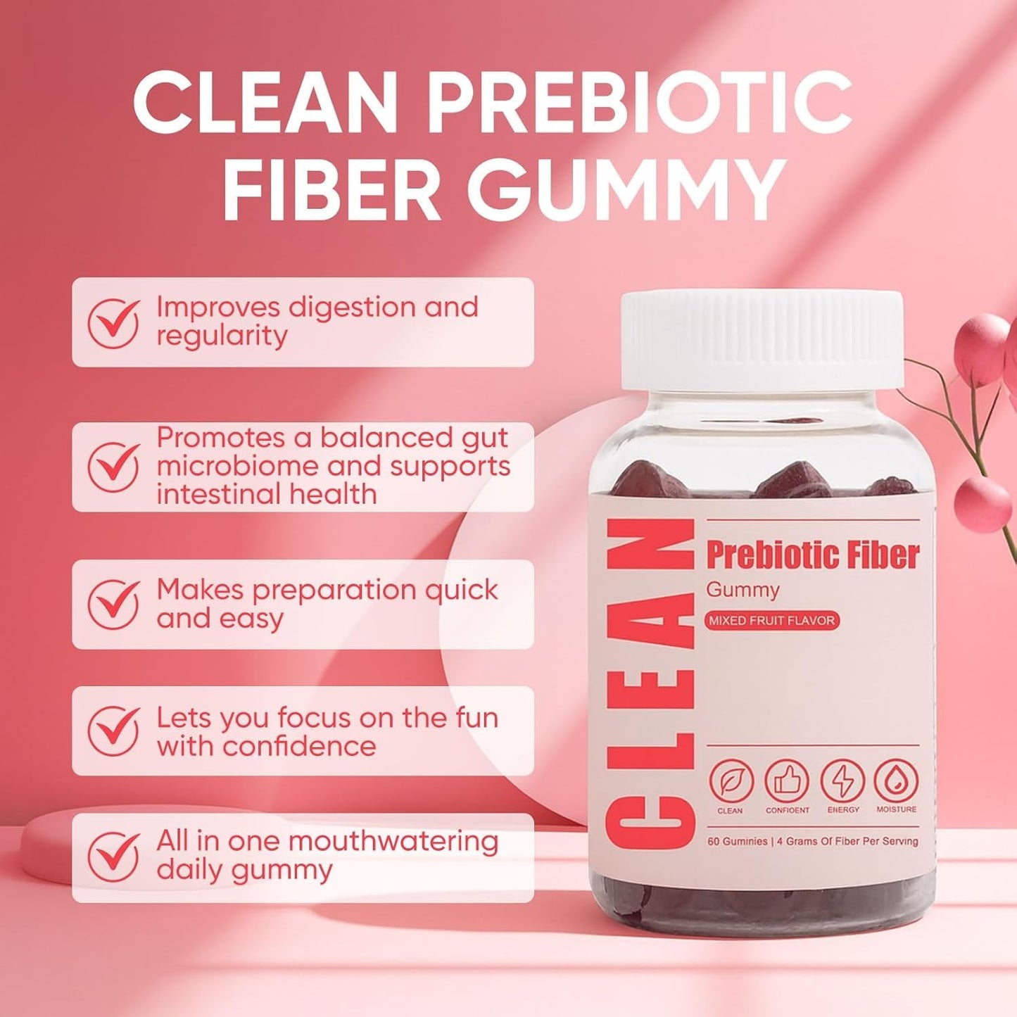 6525080 Clean Prebiotic Fiber Gummy, Clean Fiber Gummies for Men, Men Prebiotic Supplement for Digestive Gut Health, Non-GMO, 60 Gummies