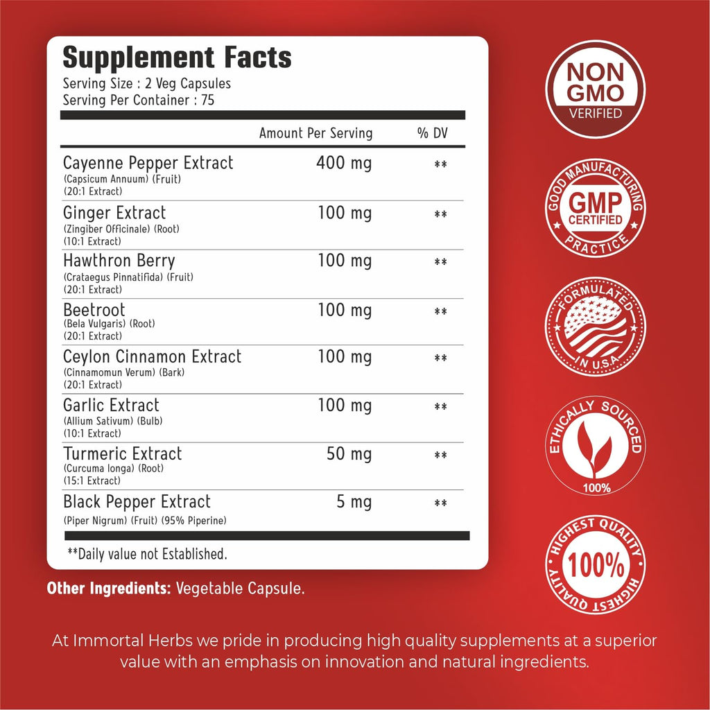 Immortal Herbs Cayenne Pepper Capsules w/Garlic, Ginger, Hawthorn, Turmeric, Cinnamon, Beet Root and Black Pepper Extract, 150 Cayenne Capsules, Non-GMO & Gluten Free Capsaicin Supplement Immortal Herbs buy supplements Au