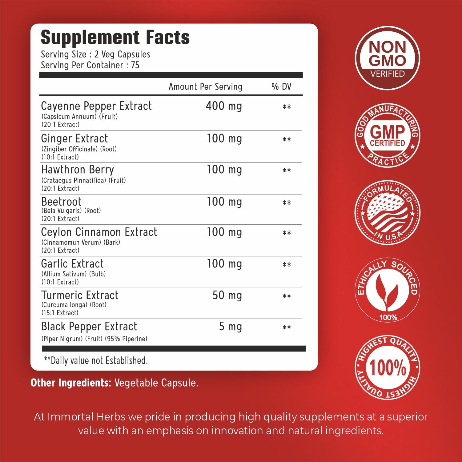 Immortal Herbs Cayenne Pepper Capsules w/Garlic, Ginger, Hawthorn, Turmeric, Cinnamon, Beet Root and Black Pepper Extract, 150 Cayenne Capsules, Non-GMO & Gluten Free Capsaicin Supplement Immortal Herbs buy supplements Au