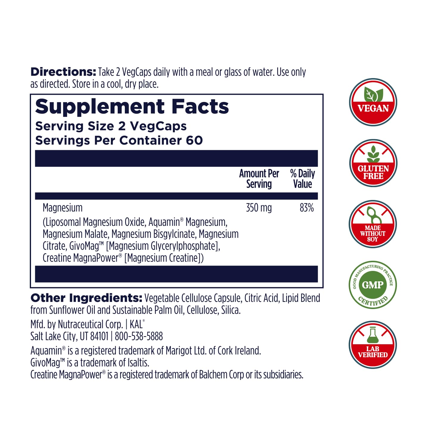 KAL Magnesium Complex 7 - Total Complex with Magnesium Glycinate, Citrate, Malate and More - Relaxation and Whole Body Support Supplements - Vegan, 60-Day Guarantee - 60 Servings - 120 VegCaps KAL buy supplements Au