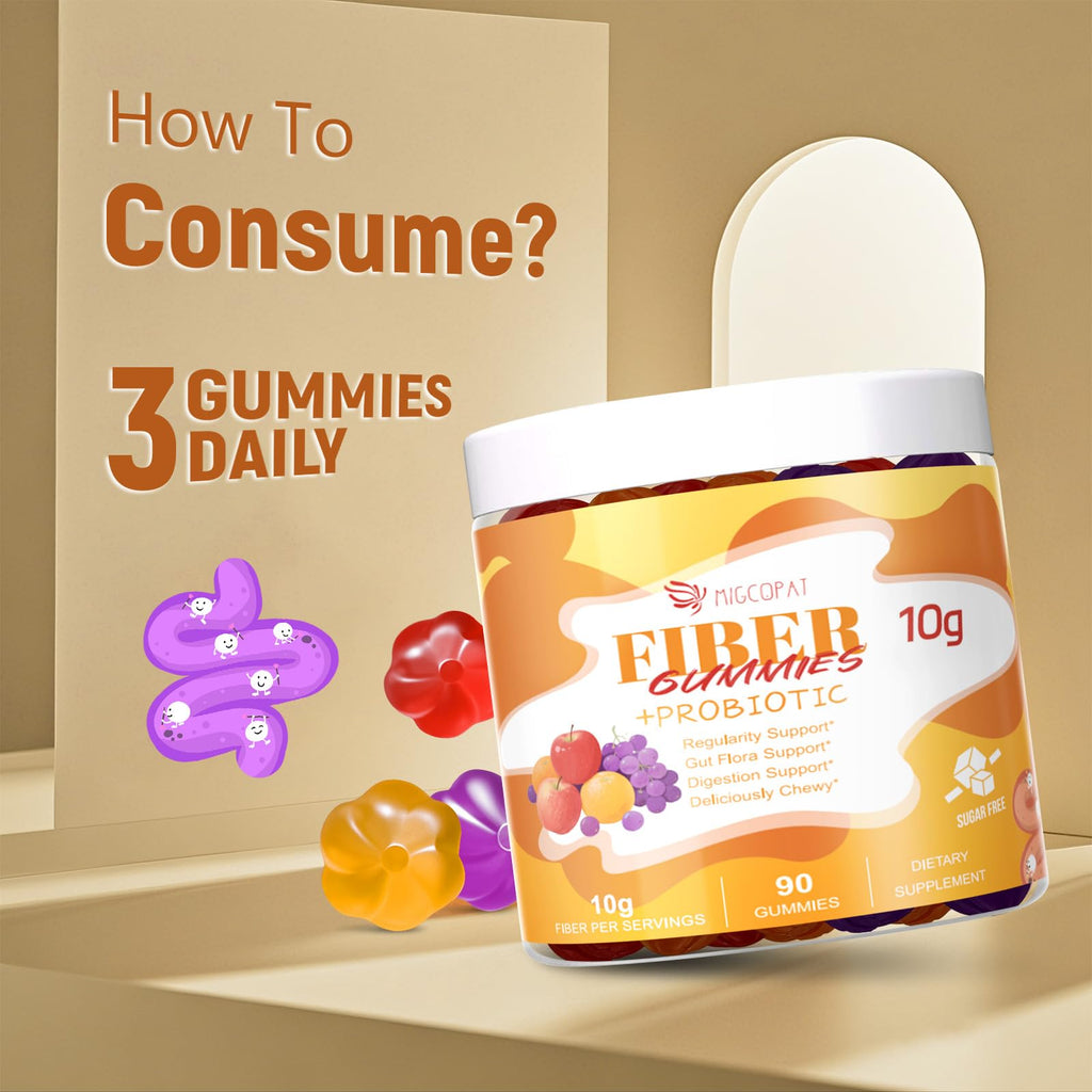 Migcopat 10G Fiber Gummies with Probiotics, Fiber Supplement with 30 Billion CFU Probiotics Blend, ACV, Vitamin C, Inulin - Support Digestive Health