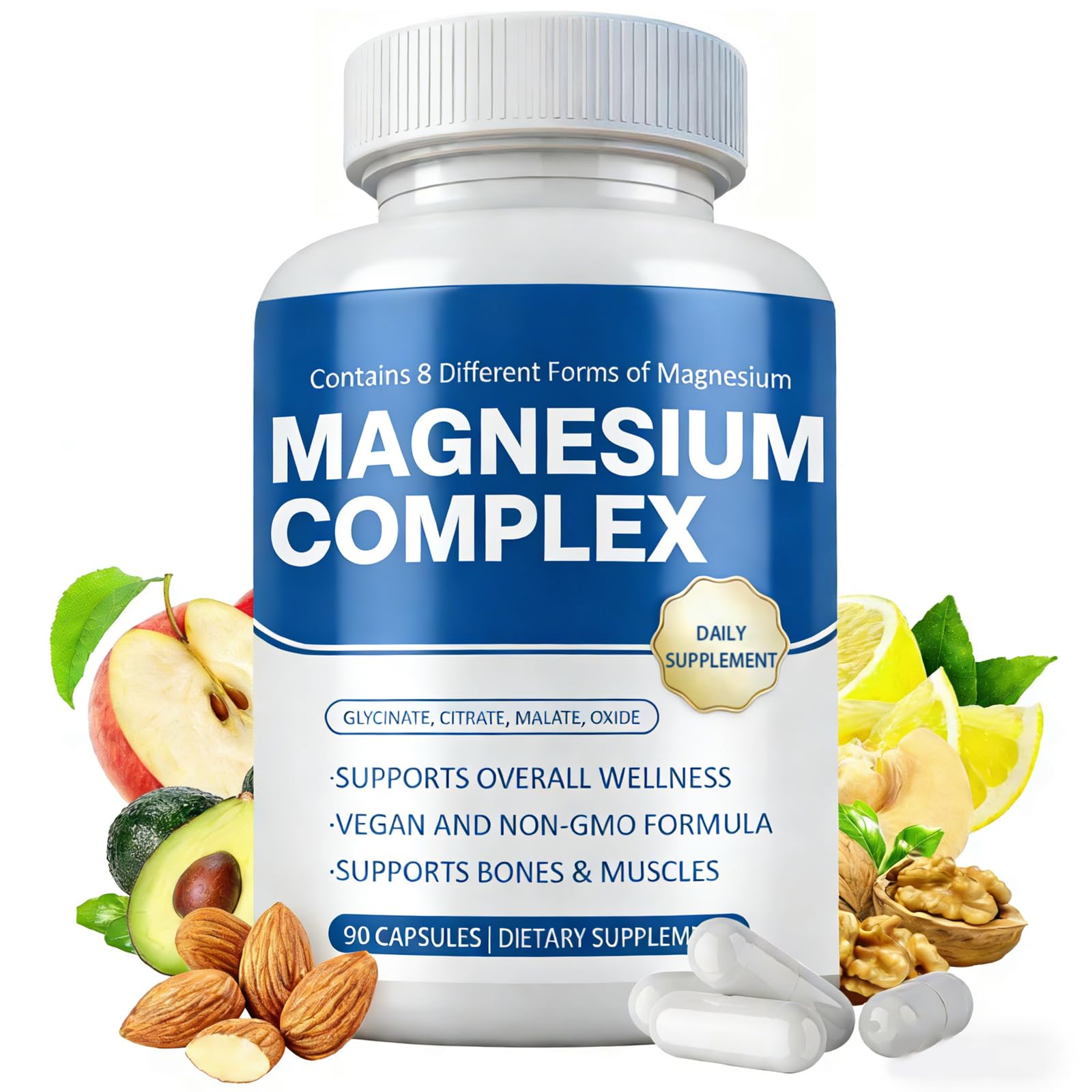 Bottle of magnesium complex supplement with health benefits on a white background