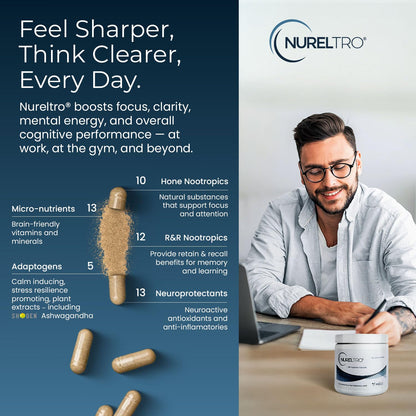 Nureltro All-in-One Nootropic Brain Supplement for Adults and Seniors w/Shoden® Ashwagandha | Supports Memory, Focus, Mood, Mental Clarity, and Brain Health - Caffeine-Free (120 Capsules) Nureltro buy supplements Au