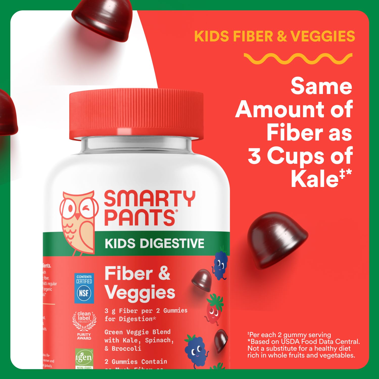 SmartyPants Kids Fiber & Veggies: Prebiotic Fiber Gummies for Kids, Fiber Supplement with Inulin, Organic Green Veggie Blend, Vegan, Gluten Free