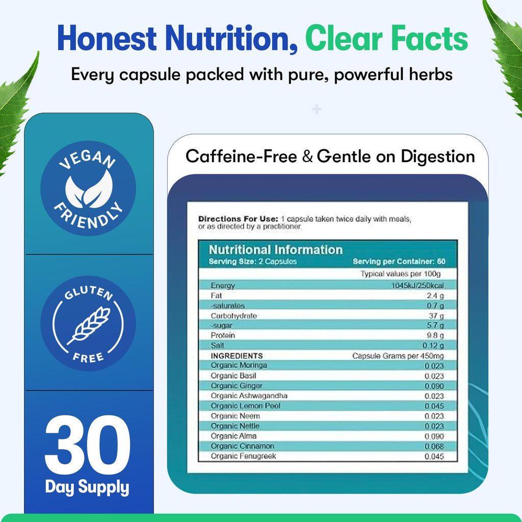 Zyzven Naturals Blood Sugar Support Supplement – 60 Vegan Capsules | Herbal Supplement with Moringa, Cinnamon, Ginger, Neem & Fenugreek | Plant-Based Wellness Supplement - Serving: 2 Capsules/Day Zyzven NaturalsBuy Supplements Australia