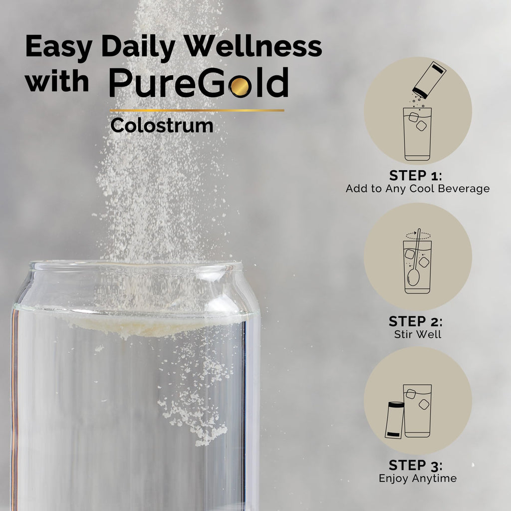 PureGold - Bovine Colostrum Powder - 100% Pure New Zealand Grass Fed, Supports Gut Health, Skin, Hair, & Immunity – Colostrum Supplement, Unflavored, 30 Travel Packets Fasted AthleteBuy Supplements Australia