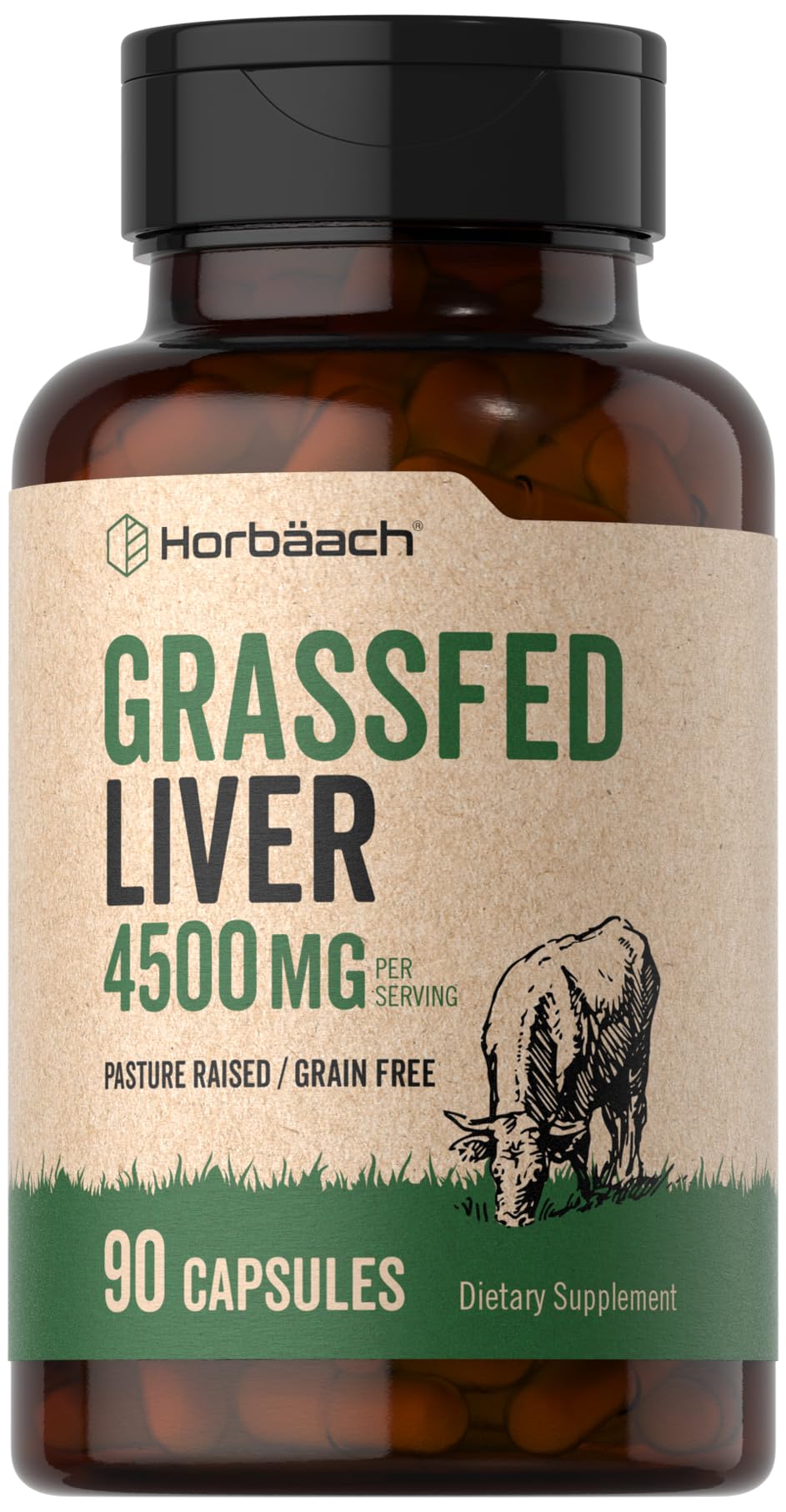 Horbäach Grass Fed Beef Liver | 4500mg | 90 Capsules | Desiccated, Pasture Raised, Grain Free, Non-GMO Supplement