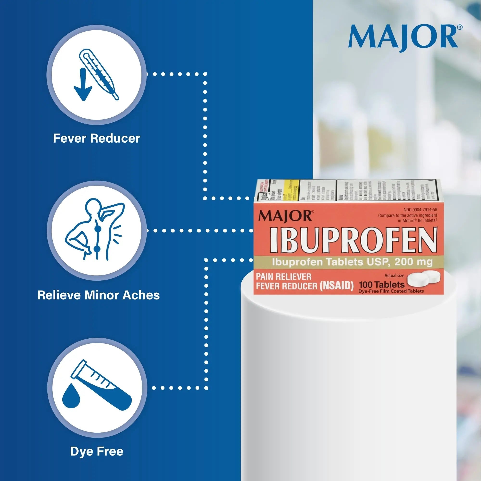 MAJOR Dye-Free Ibuprofen Tablets 200 mg - Helps Temporarily Reduce Fevers - Offers Pain Relief - 100 Tablets (1-Pack) MAJORBuy Supplements Australia