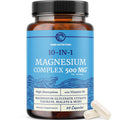 Supplement bottle labeled '10-IN-1 Magnesium Complex 500 MG' by Nobi Nutrition on a white background.