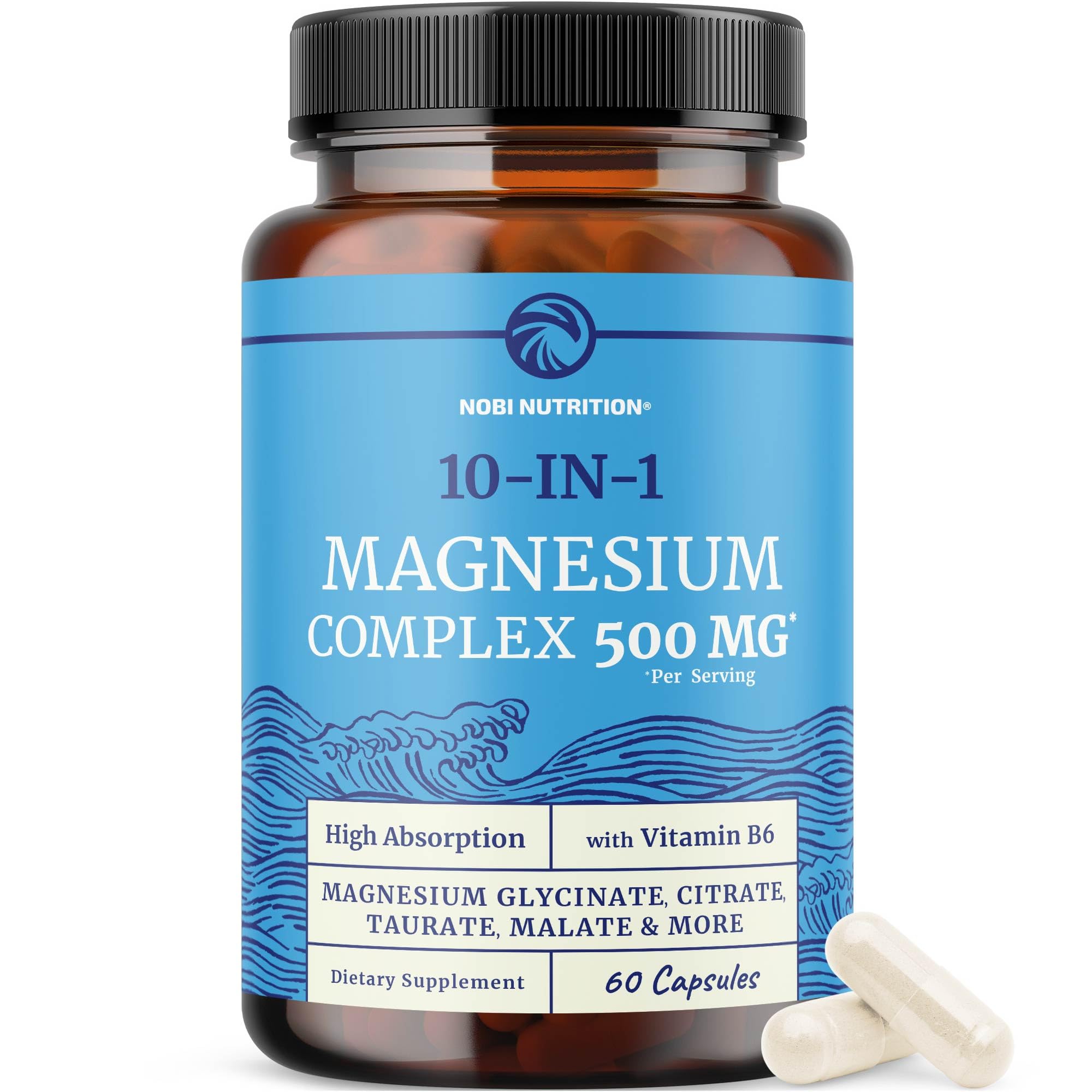 Supplement bottle labeled '10-IN-1 Magnesium Complex 500 MG' by Nobi Nutrition on a white background.