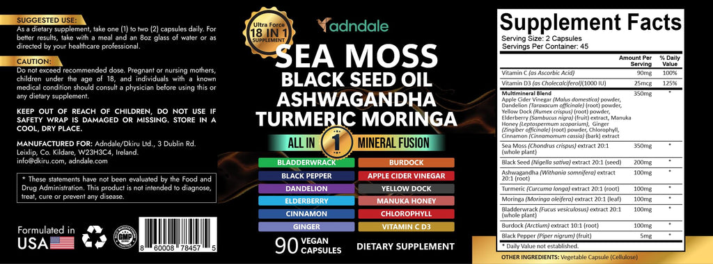 Adndale Sea Moss Capsules - Sea Moss Blend with Ashwagandha, Turmeric & Black Seed Oil - 180 Count AdndaleBuy Supplements Australia