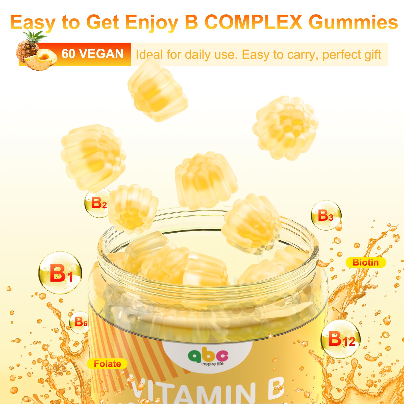 NEWOLITE Vitamin B Complex Gummies for Adult Kid-Pineapple Flavor-Chewable Supplement with 8 Essential B Vitamins