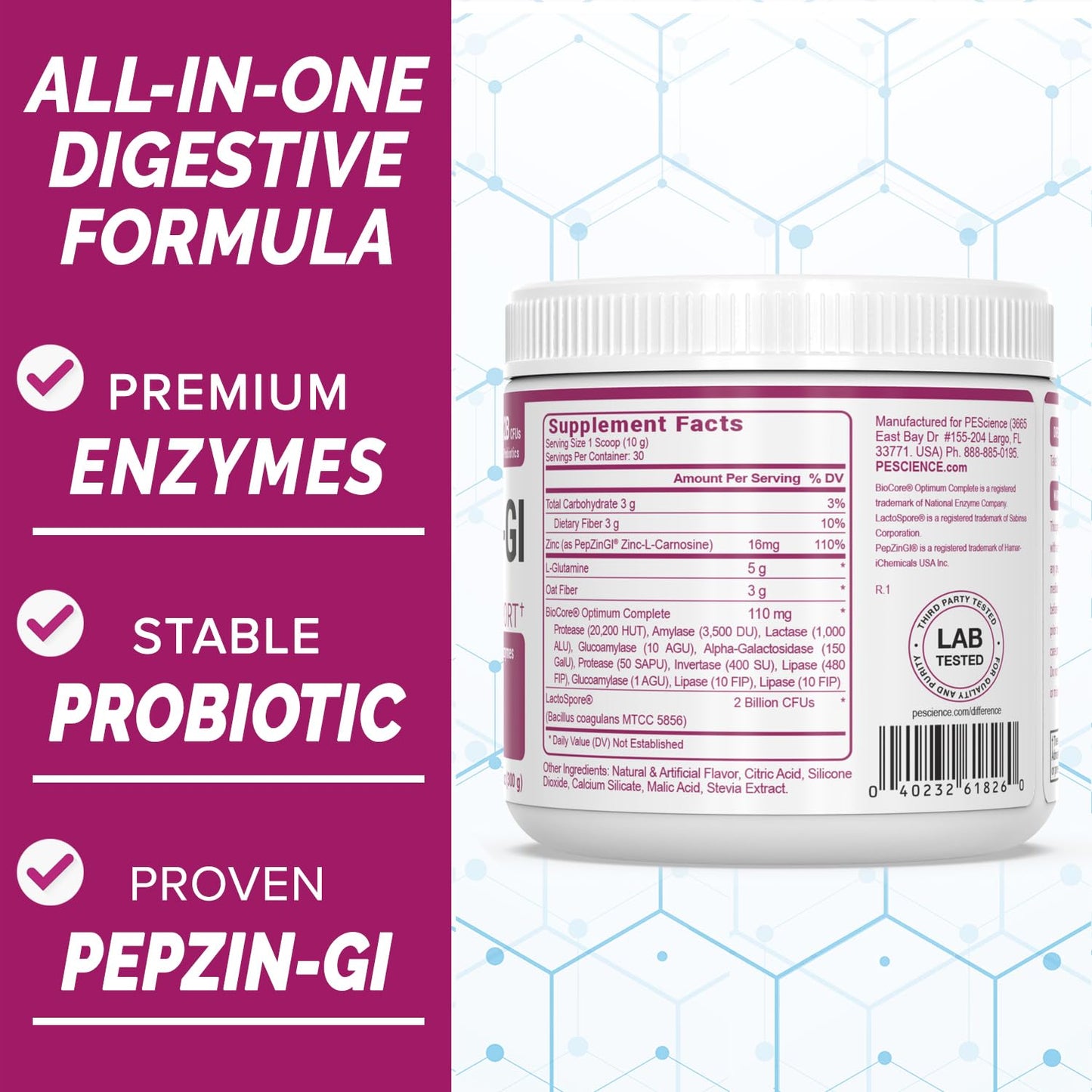 PEScience Complete-GI Gut Health Powder, Probiotics for Women and Men, Digestive Enzymes, Prebiotic Fiber, L-Glutamine