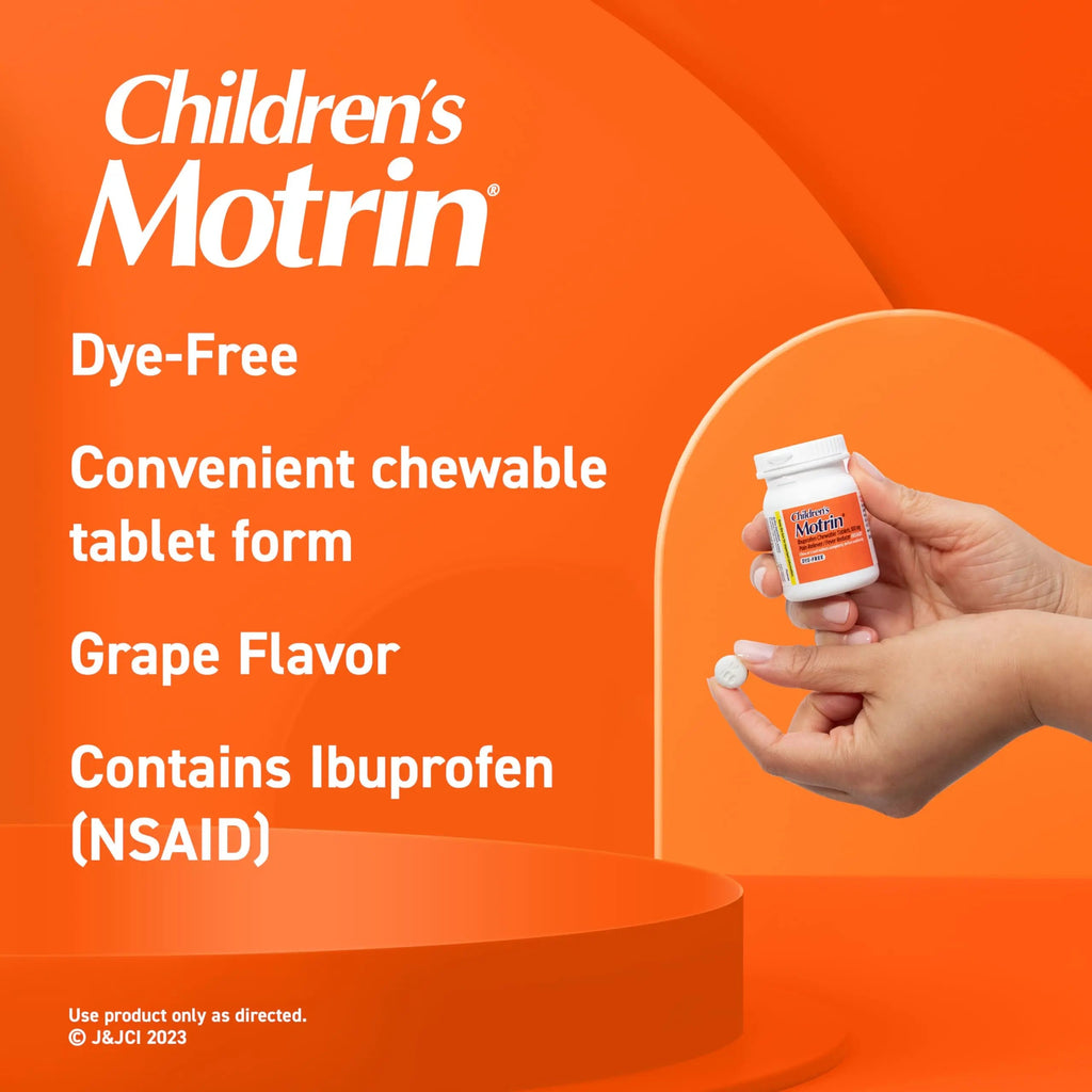 Motrin Children's Dye-Free Chewable Tablets with Ibuprofen, Kids' Fever Reducer & Pain Reliever for Sore Throat, Fever, Toothache & Pain Relief, Grape Flavor, 24 Count (Pack of 2) MotrinBuy Supplements Australia