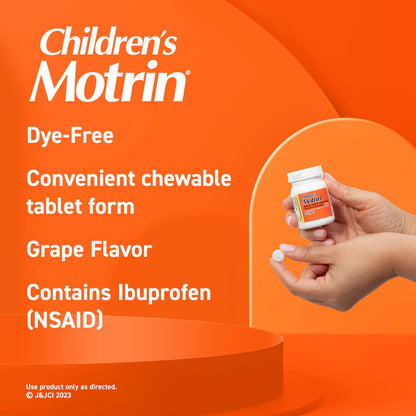 Motrin Children's Dye-Free Chewable Tablets with Ibuprofen, Kids' Fever Reducer & Pain Reliever for Sore Throat, Fever, Toothache & Pain Relief, Grape Flavor, 24 Count (Pack of 2) MotrinBuy Supplements Australia