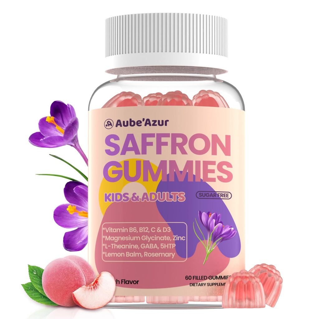 Saffron Gummies for Kids Adults 88.5mg, 15-in-1 Saffron Supplements for Kids, with B6, B12, C, D3, Magnesium Glycinate, Zinc for Nerve, Rest, Focus, Sugar Free, Vegan, Non- GMO, Peach Flavor, 60 Count Aube'AzurBuy Supplements Australia