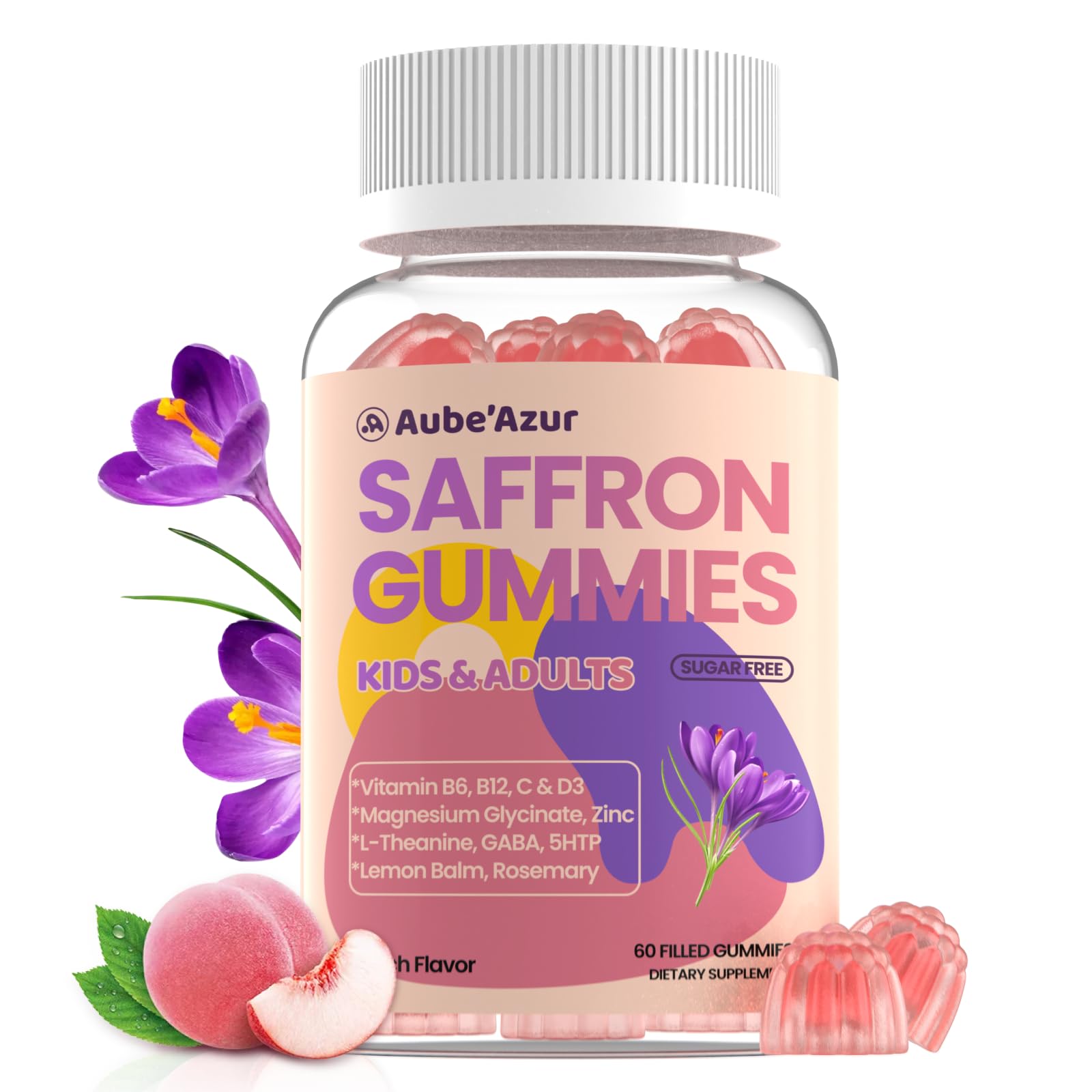 Saffron Gummies for Kids Adults 88.5mg, 15-in-1 Saffron Supplements for Kids, with B6, B12, C, D3, Magnesium Glycinate, Zinc for Nerve, Rest, Focus, Sugar Free, Vegan, Non- GMO, Peach Flavor, 60 Count Aube'AzurBuy Supplements Australia