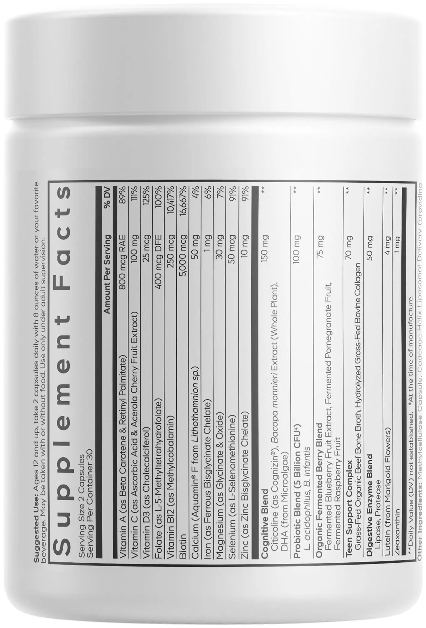 Codeage Teen Multivitamin+ Platinum Supplement - Vitamins A, C, D3, E, K2, B6, B12, Minerals, Probiotics, Citicoline Codeage