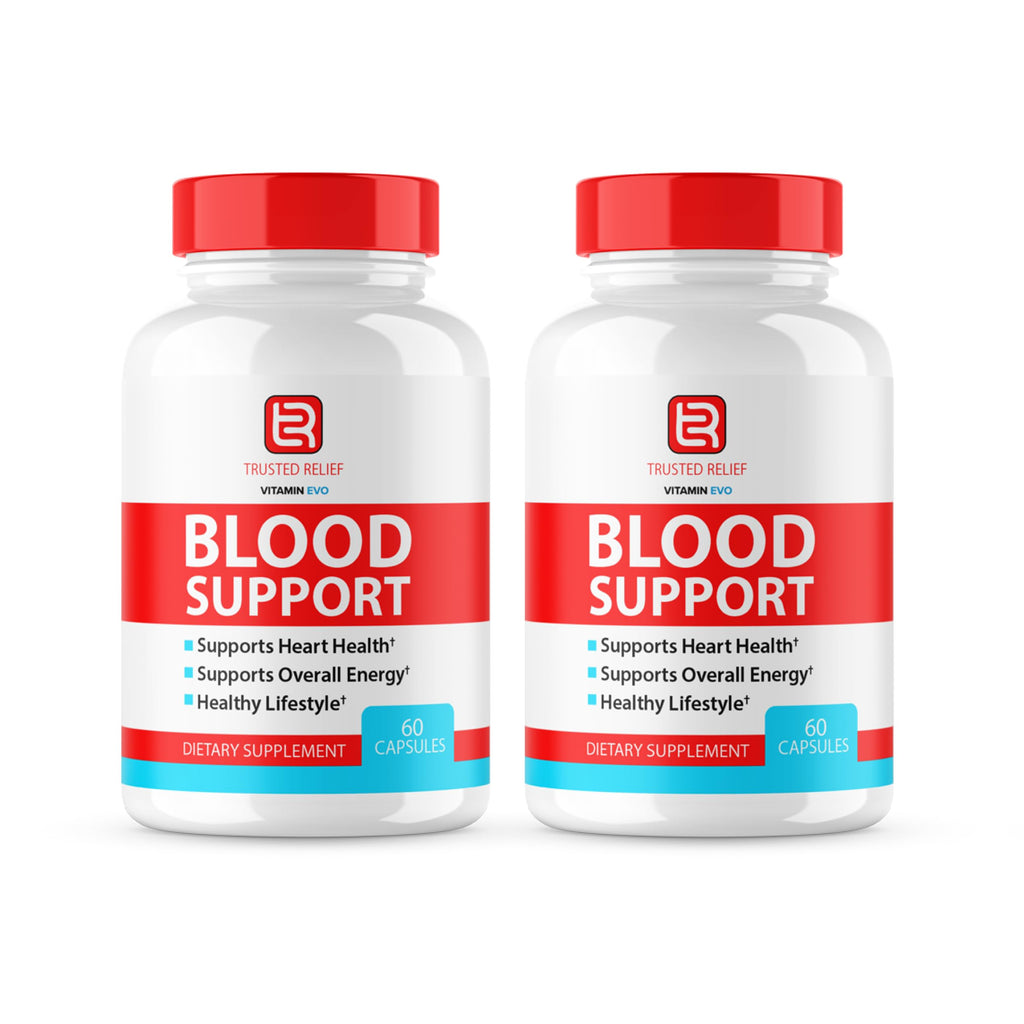 Two bottles of 'Blood Support' dietary supplements with red and white labels on a white background.