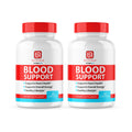 Two bottles of 'Blood Support' dietary supplements with red and white labels on a white background.