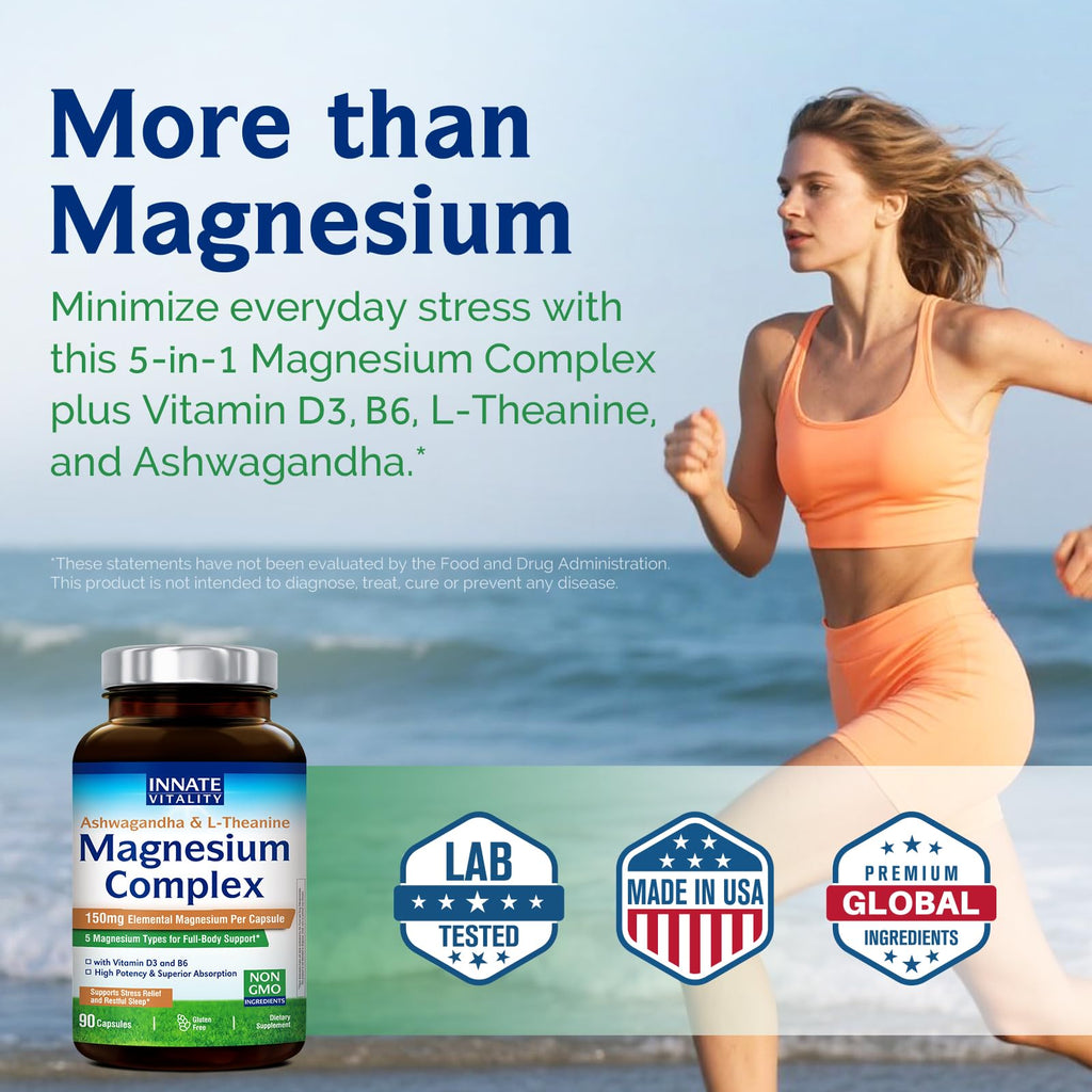 Innate Vitality Magnesium Complex, Magnesium Glycinate Citrate Malate Taurate with Ashwagandha L-Theanine Vitamin D3 & B6, High Absorption, Full Spectrum, Bones Stress Sleep Support, 90 caps Innate Vitality buy supplements Au
