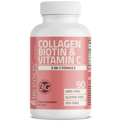 Bronson Collagen Peptides 3000mg (per Serving) with Biotin & Vitamin C - for Hair, Skin & Nails Support, Non-GMO, 90 Tablets