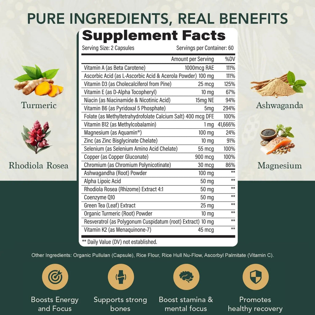 Multivitamin for Men with Vitamin D, K2, Zinc, Vitamin B12, A, E, B6, Calcium – Immune Health & Energy Support Daily Mens Multivitamins Elements of LIfe
