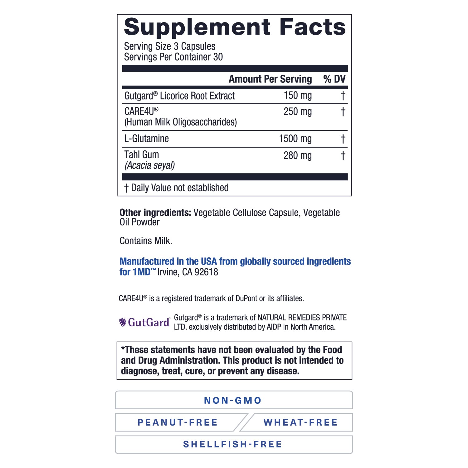 1MD Nutrition GutMD - L-Glutamine Capsules w/Prebiotic for Gut Health - L Glutamine Supplement - Supports Healthy Digestive