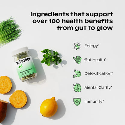 wholier Supergreens Multi, Daily Greens, Vegan Multivitamin for Women + Men, Whole Food Vitamins + Minerals, Prebiotics for Gut Health, Adaptogens (60 Vegan Capsules) Glass Bottle wholier buy supplements Au