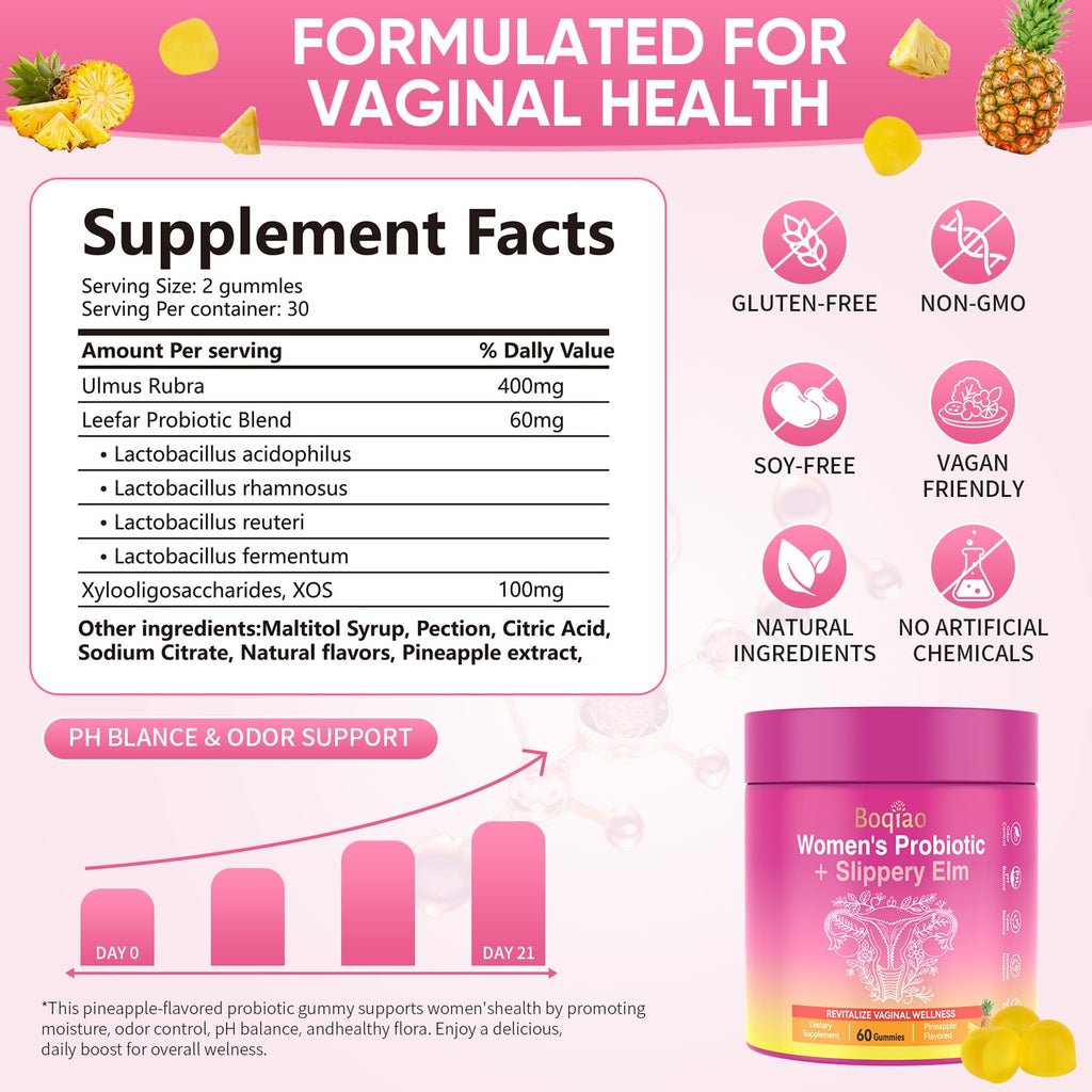 Feminine Probiotics Gummies with Slippery Elm - 60 Pineapple Gummies for Women ph Balance, Vaginal Probiotics Supports Flora, Gut Health & Immune System, Prebiotics & Lactobacillus Blend (Pineapple) BoqiaoBuy Supplements Australia