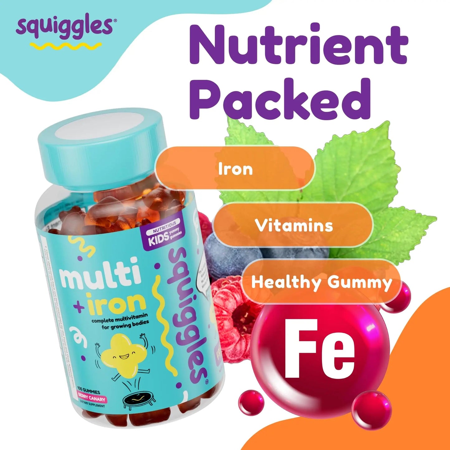 Squiggles Kids Multivitamin + Iron Gummies - Low Sugar Gummy Vitamins with Iron Supplements for Kids Squiggles
