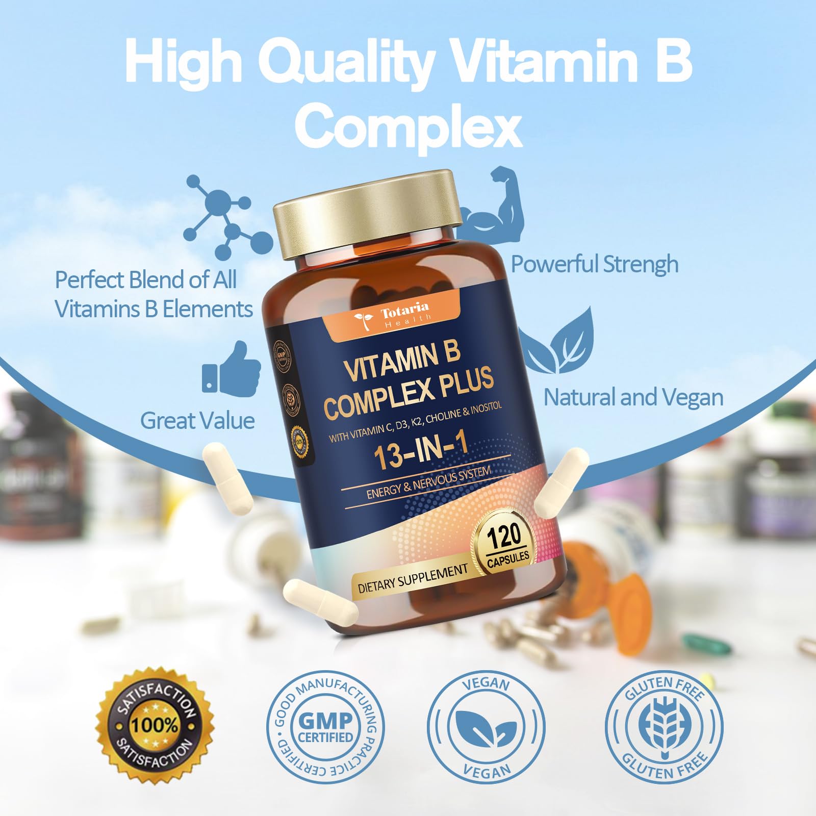 13-in-1 Vitamin B Complex Plus with Vitamin B1, B2, B3 (Niacinamide), B4, B5, B6, B7 (Biotin), B8 (Inositol), B9 (Folate), B12, C, D3, K2 - Energy, Nerve,