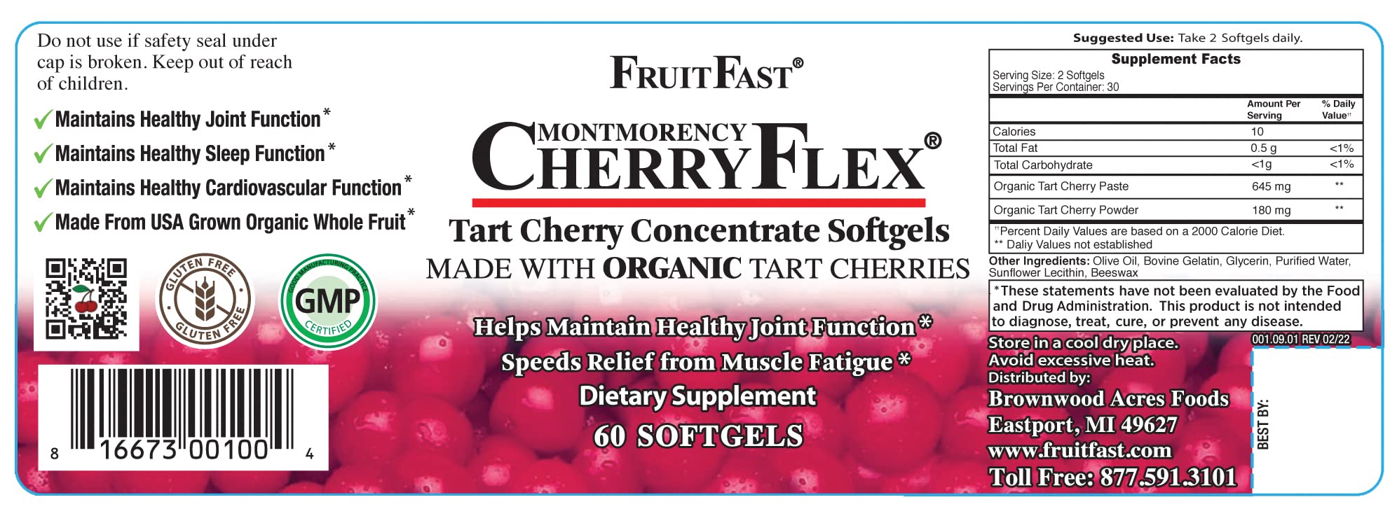 FruitFast CherryFlex 100% Red Tart Organic Cherry Concentrate Supplement - Chewable Softgel - 60 Count - Non-GMO and Gluten Free - Promotes Healthy Joint Function* FruitFastBuy Supplements Australia